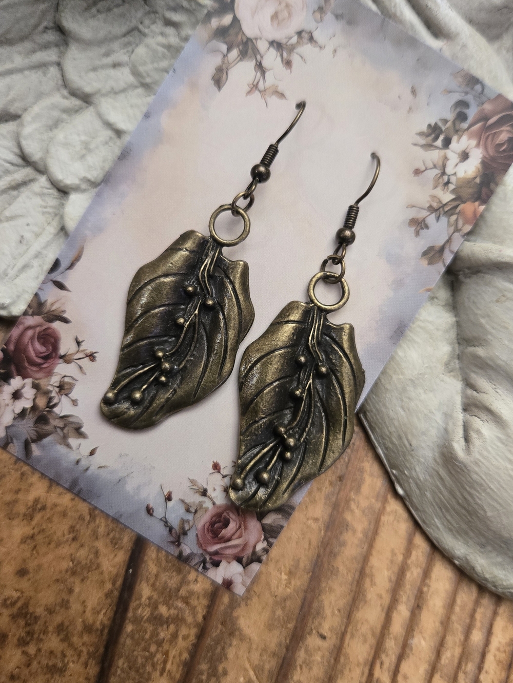 Antique Gold Leaf Drop Earrings - Botanical Dangle Style